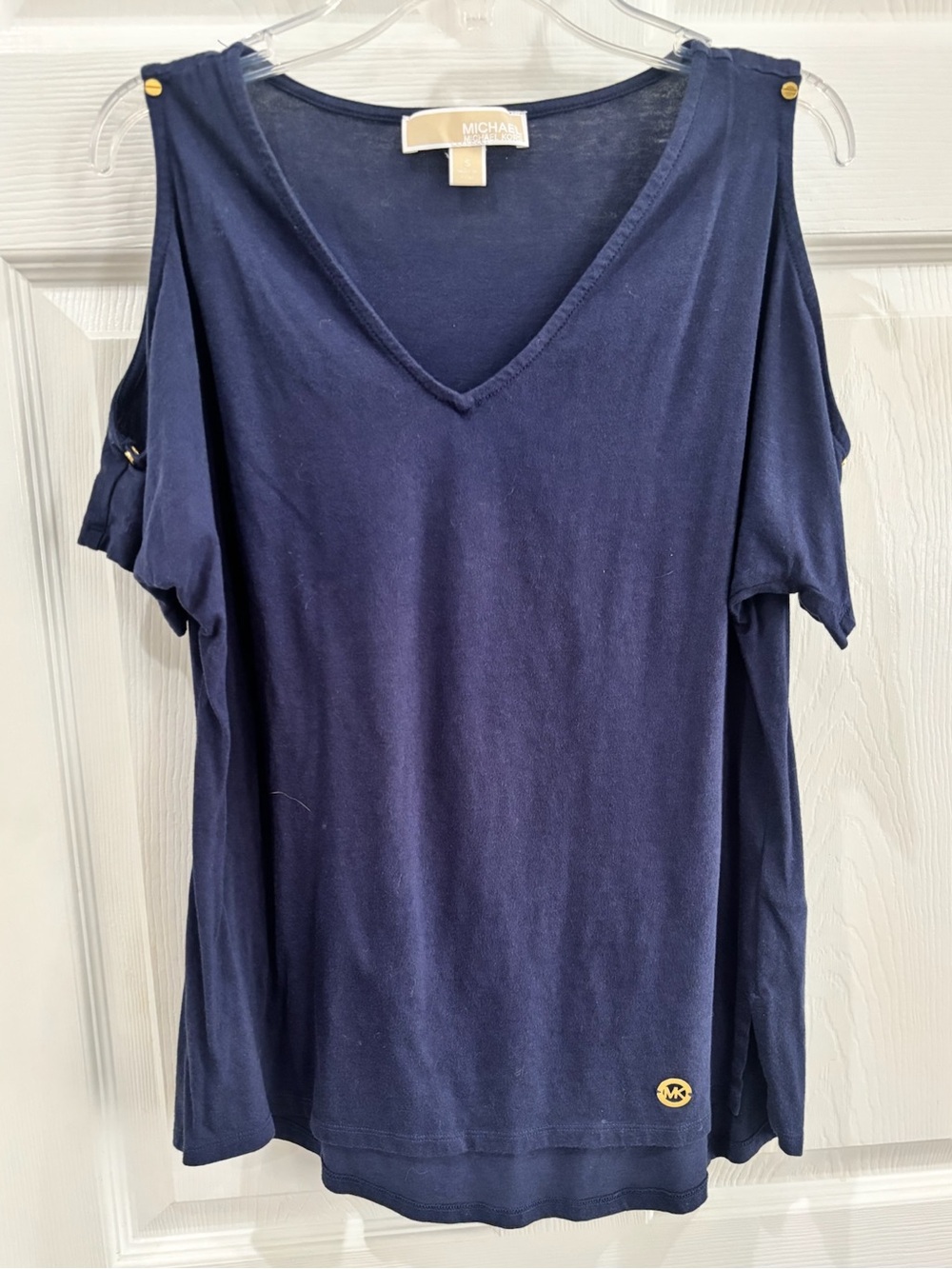 Michael Kors Navy Cold-Shoulder V-Neck Tee with Gold Hardware